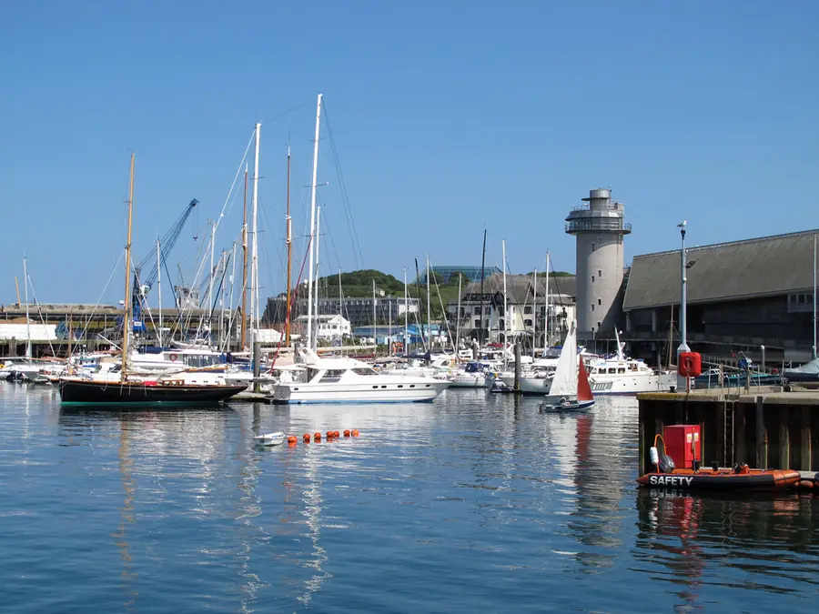 Boats moored in Falmouth harbour beside the National Maritime Museum, Cornwall